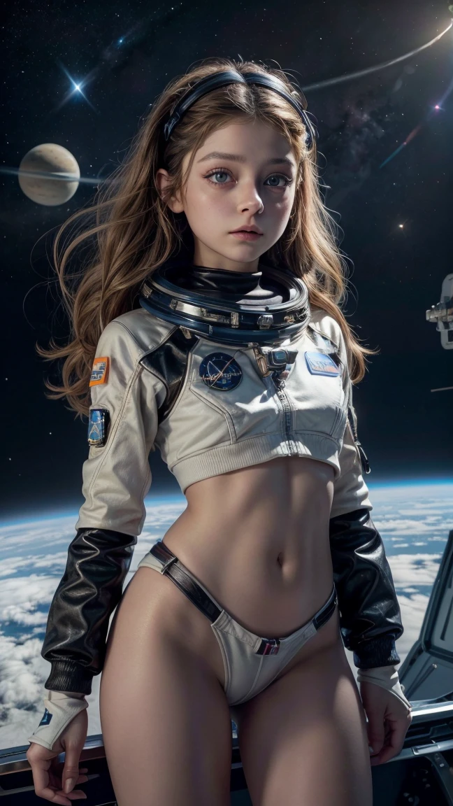 Karol Sevilla, High quality ultra-realistic image of a girl, beautiful, cara beautiful, light eyes, dark brown hair, long hair, small breasts,medium hip,  perfect body, high quality details, spaceship mechanics, astronaut suit,  space, stars, kites  , planets never seen before, fine details on face,