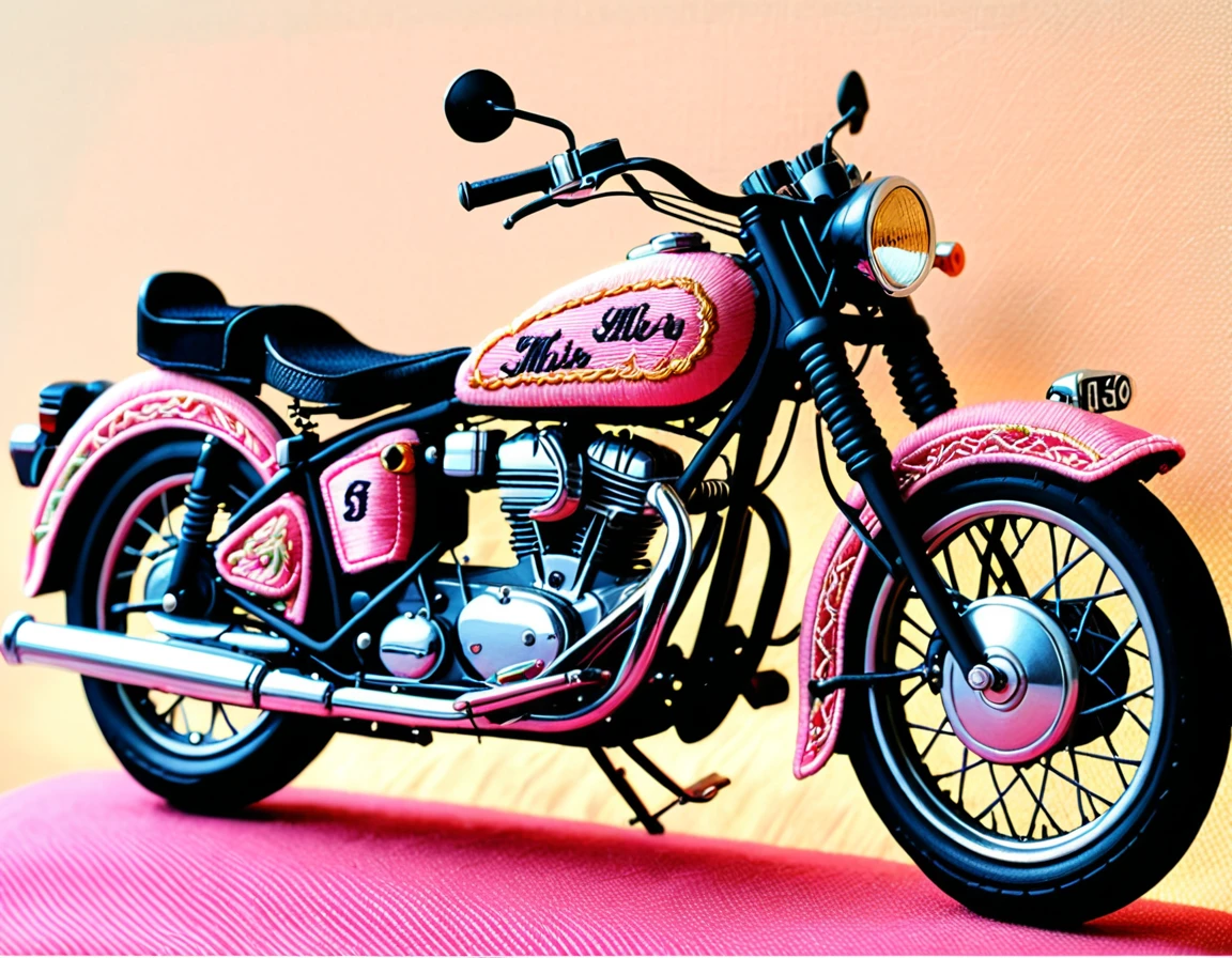 an (embroidery picture: 1.5) of a vintage masterwork motorcycle, pink motorcycle,  best details, best quality, 16k, [ultra detailed], masterpiece, best quality, (extremely detailed), dynamic angle