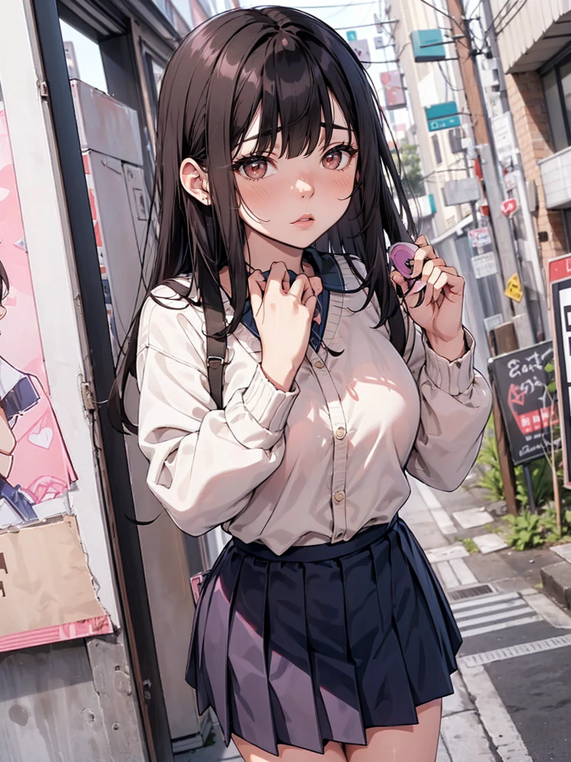 (Love Juice:1.3,Remote vibrator, blush),Are standing, Navy pleated skirt, On the way to school, blush
