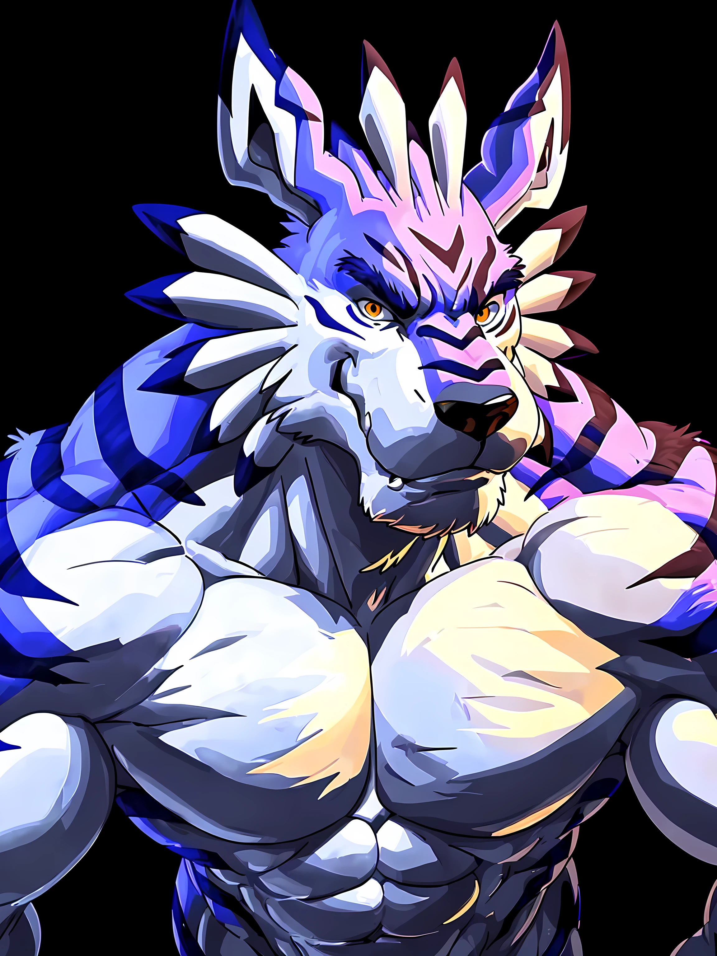 Garurumon, 4k, high resolution, best quality, detailed, posted on e621, solo, anthro body, older male, masculine, male, very masculine, (very muscular, defined muscles, heavyweight):1.2, (plain background, explosive background:1.1), correct anatomy, (orange eyes, detailed eyes:1.1), sexy, (cel shaded, cartoony shading, strong shadows, dramatic lighting):1.3, confident, (by wfa, by takemoto arashi, by meesh, by Taran Fiddler), strong, (half body, upper body, close up:1.1), stern face, low-angle shot:1.2, mwvector