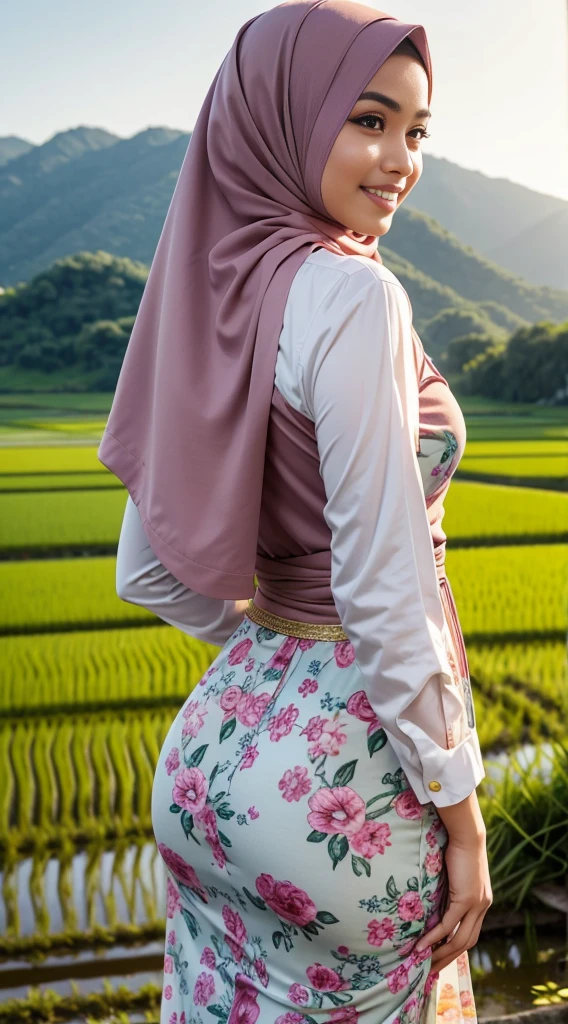 RAW, Best quality, high resolution, work: 1.3), Beautiful Malay woman in hijab (iu:0.8),Malay girl in hijab wearing baju kurung with small flower pattern, back view,looking at the viewer, skin detail, skin texture detail, big breasts, big hips, big waist, big round butt, big thighs, slim belly, beautiful body, morning, laughing, happy, bright lighting, rice fields in the background, village people crowded, blurry background, bokeh,