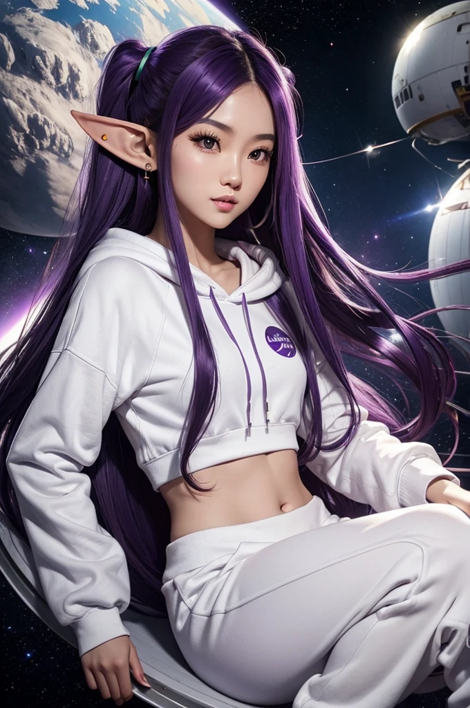 Long Purple hair, Vietnamese, beautiful 23 year old woman, very attractive, brown eyes, elf ears, very cute, thin athletic body, wearing white hoodie and sweatpants, photoshoot in space ship