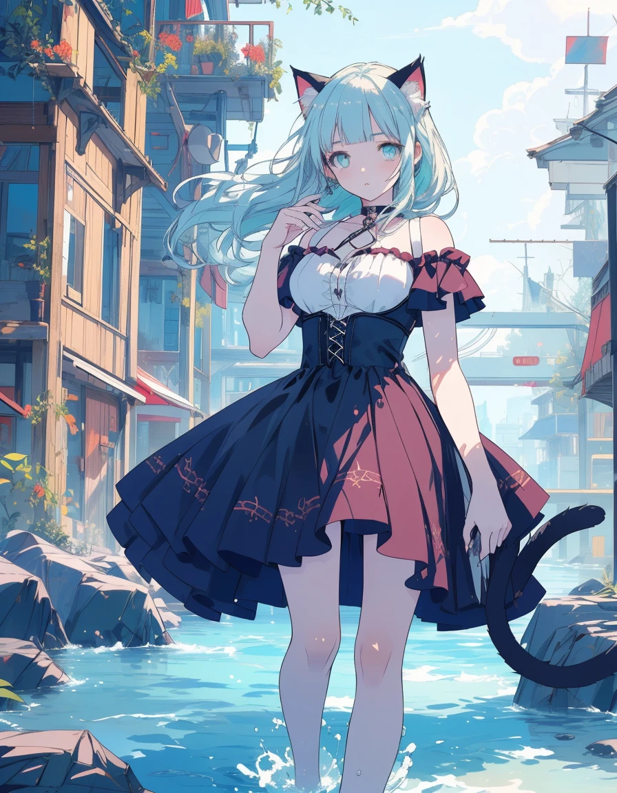 from below, blunt bangs, Walking on a water pathway, ((masterpiece, best quality:1.5)), ((Beautiful detailed cat aqua eyes:1.2)), cat ears, pale skin, medium breasts, beautiful hands, beautiful fingers, EasyNegative