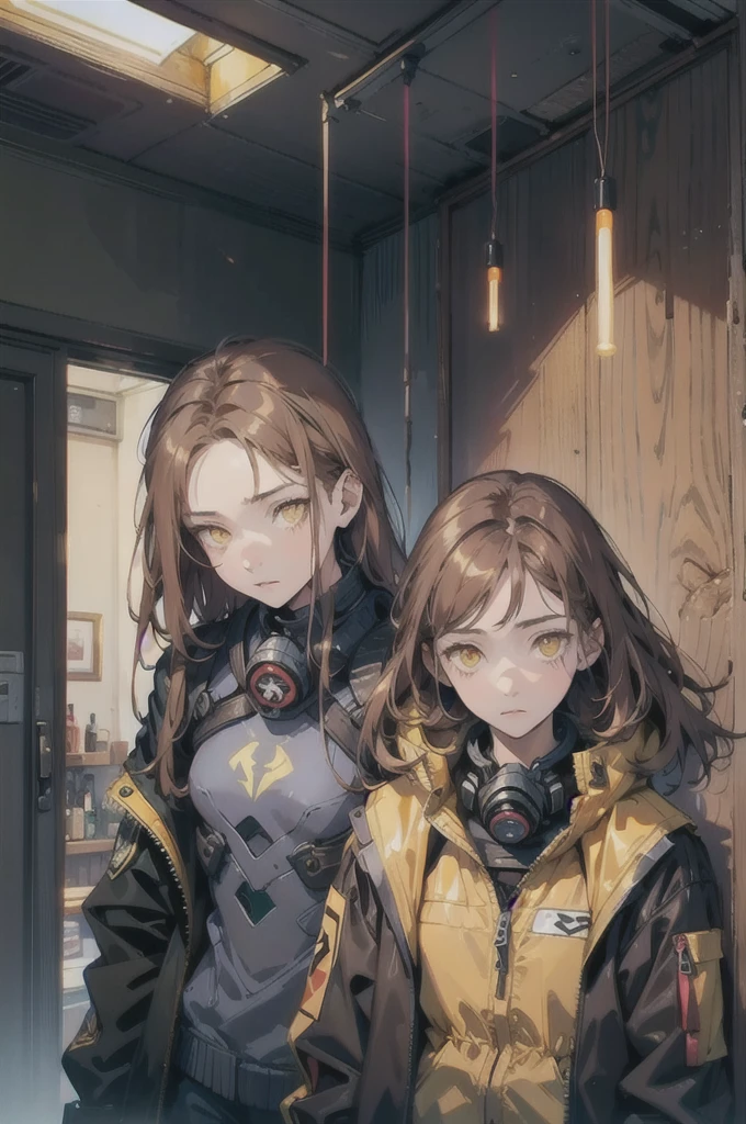 mature female, expressionless, bar, leaning against wall, interior, wooden interior, 2girls, brown hair, shoulder-length hair, yellow eyes, respirator, (black jacket:1.2), (glowing heart:1.2)