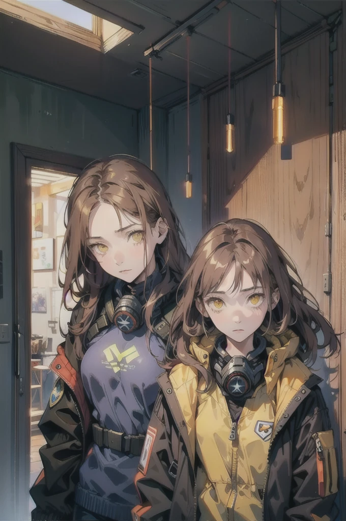 mature female, expressionless, bar, leaning against wall, interior, wooden interior, 2girls, brown hair, shoulder-length hair, yellow eyes, respirator, (black jacket:1.2), (glowing heart:1.2)