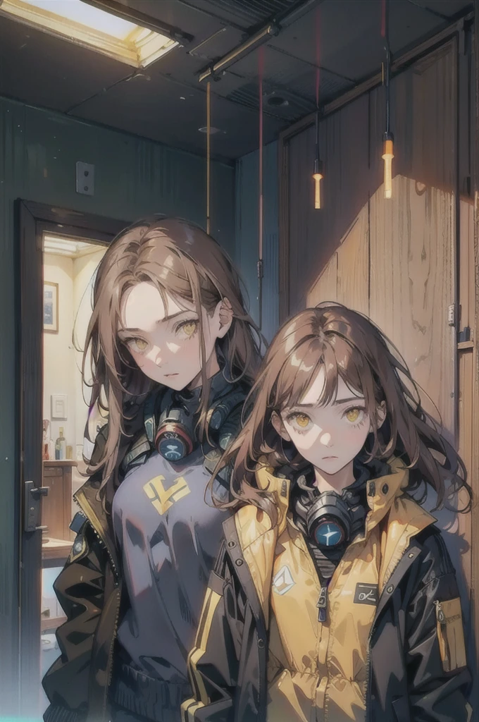 mature female, expressionless, bar, leaning against wall, interior, wooden interior, 2girls, brown hair, shoulder-length hair, yellow eyes, respirator, (black jacket:1.2), (glowing heart:1.2)