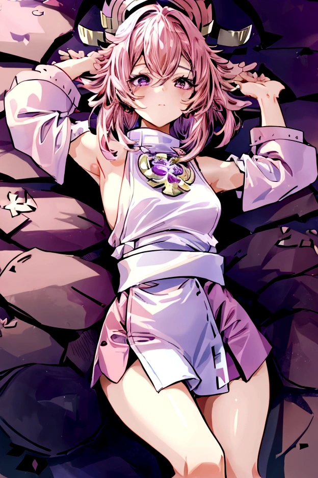 1 girl, lying down, perspective front, hyper realistic, boredom face, pink magenta hair, short hair, pink magenta eyes, look at the viewer, white shirt, blue sleeves, showing arms, blue collar, purple Belt, blue skirt, white socks, green shoes, on grass, young, holding a pistol, epic, 8k