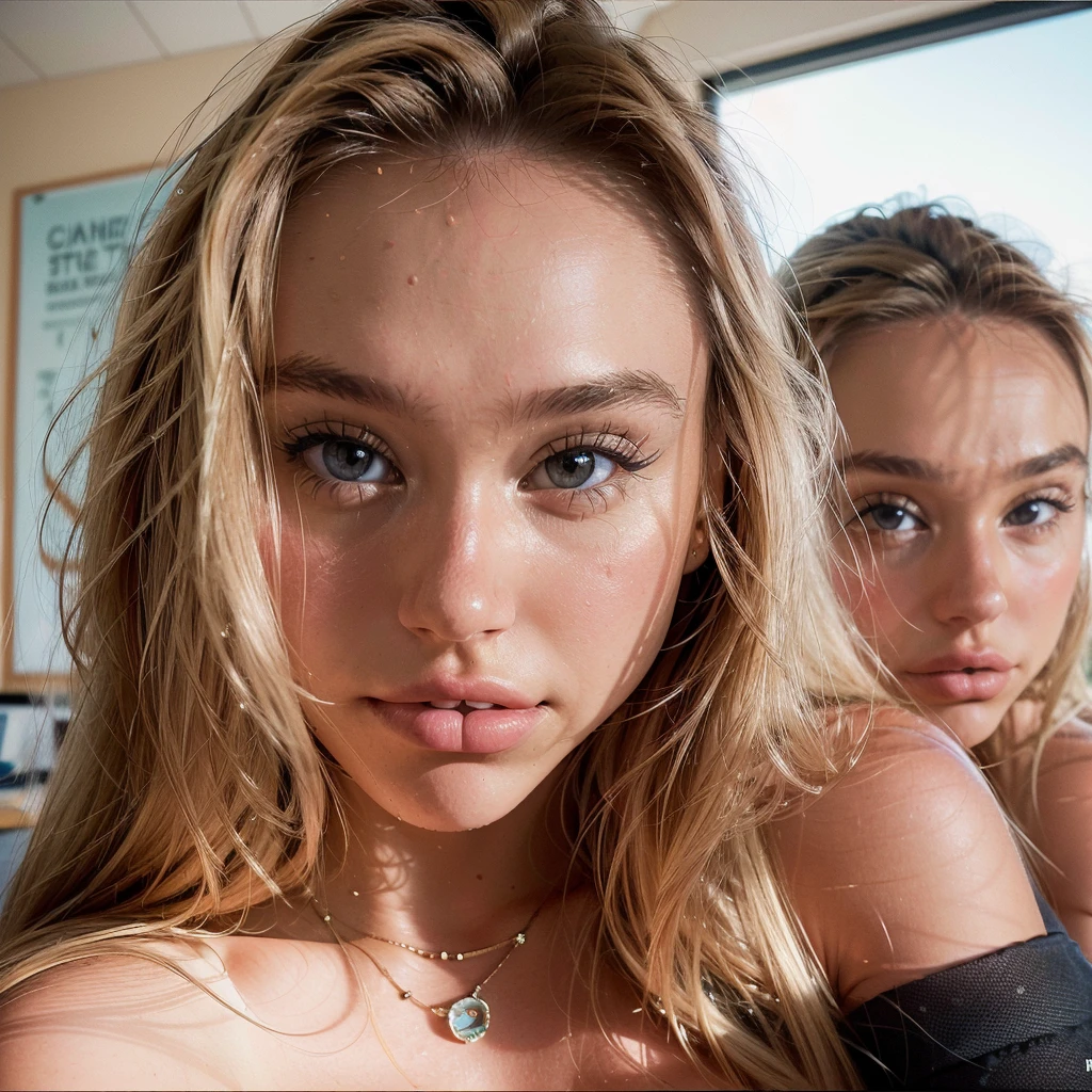 Realistic photo of a beautiful 18 year old (((ALEXIS-REN))), (best quality,ultra-detailed,realistic:1.2),beautiful detailed eyes,beautiful detailed lips, blonde hair, student, classroom, learning, sitting at desk