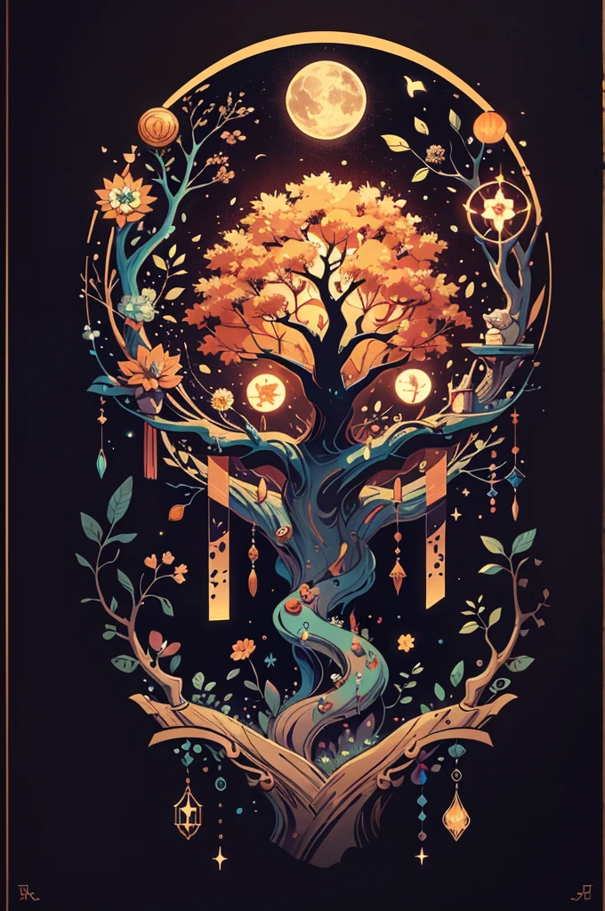 circular tree,four seasons,spring,summer,autumn,winter,leaves,roots,branches,trunk,ornate border,decorative,digital illustration,artwork,movement,time,swirling background,dark background,vibrant colors,natural,life cycle,growth,change,nature,life,peace,harmony,spirituality,symbolism,digital art,illustration,painting,graphic design,art,design,digital media,online art,visual art,fine art,fantasy