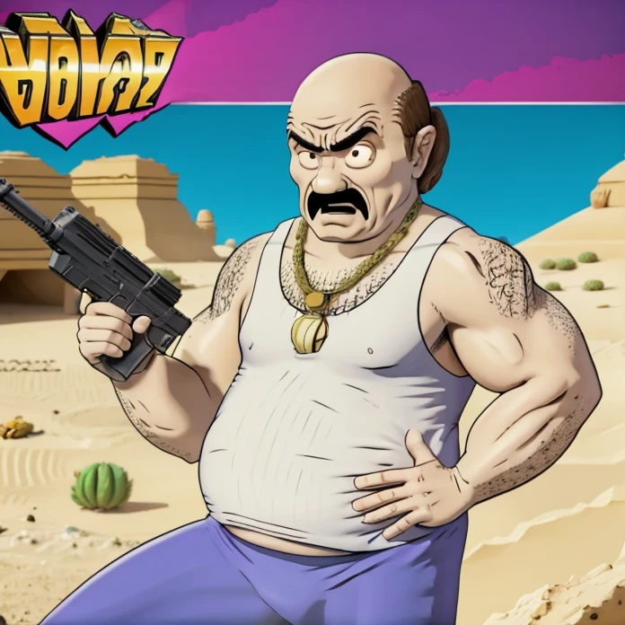Carl Brutananadilewdki, angry, holding Uzi Gun, desert, Hanna-Barbera Style