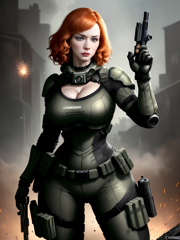 Imagine Christina Hendricks as an Call of Duty character, Christina Hendricks as a video game character, Call of Duty, Christina Hendricks in a First-Person shooter video game, created in Craig Mullins style. High-quality facial research of Christina Hendricks, (Christina's sculpted cheekbones and slight wrinkles around the face), 48 years old, High-quality detailed research of Christina Hendricks voluptuous figure. Body armor, armored suit, cleavage, high-tech goggles, metallic utility belt, metal arm bands, gun holsters, fingerless gloves. Glamorous, confident expression, fierce and powerful stance.((aiming at the viewer with a gun)), action pose, dynamic pose. Dramatic lighting,high contrast,highly saturated colors,shadows and highlights, 8k wallpaper, smoke and sparks surrounding her,
