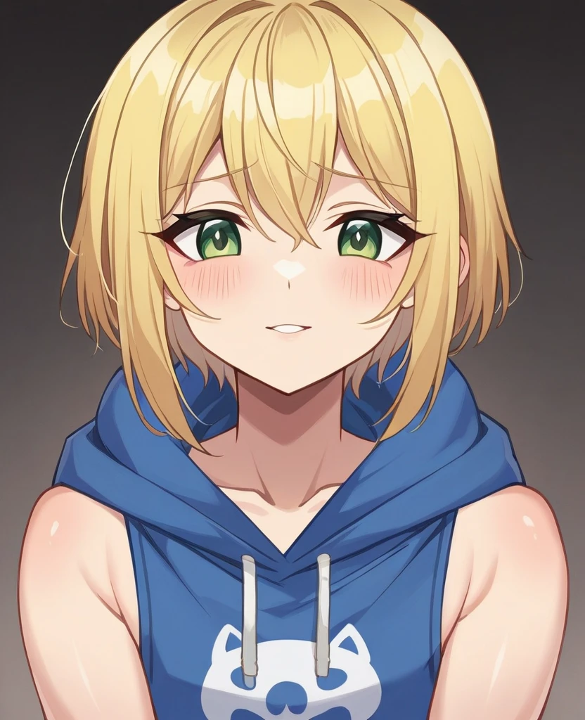 (One girl)、((short hair))、((Blonde))、(Sato Air)、((boyish))、Crossdresser、cute、((flat chest))、green eyes、Black Magic Hoodie、Black sleeveless、((hairs between eyes))、light smile