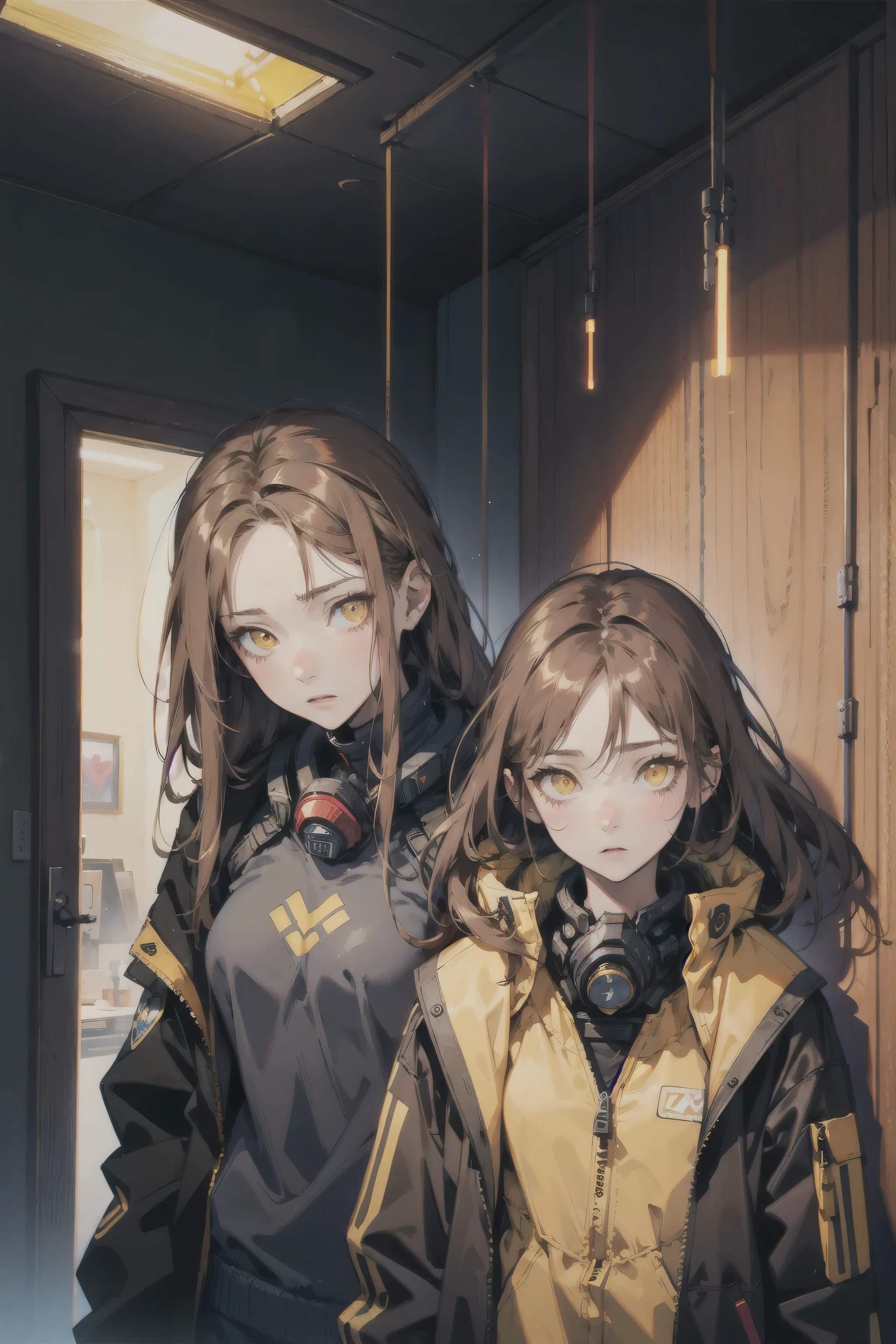 mature female, expressionless, bar, leaning against wall, interior, wooden interior, 2girls, brown hair, shoulder-length hair, yellow eyes, respirator, (black jacket:1.2), (glowing heart:1.2)