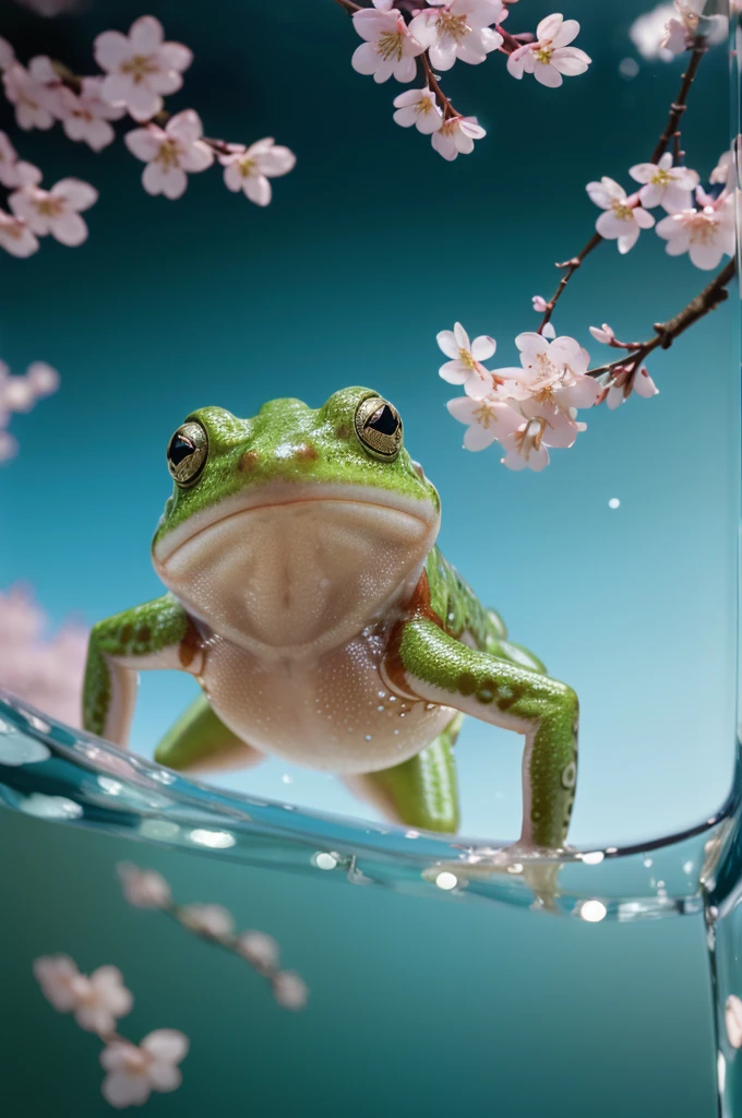 (super realistic scene of Transparent Frog ) ,cherry blossom background, water, ((taken low perspective angle: 1.5)), product rendering, HD 8K, ultra-detailed, luxury commercial photography, gucci and chanel cosmetic, ((no people, product only: 1.3))