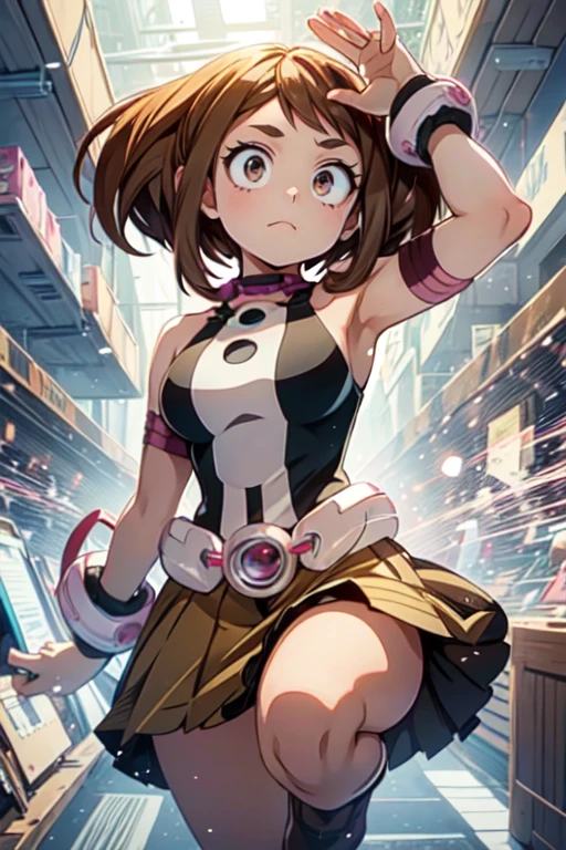 Ochaco uraraka,\(my hero academia\),my hero academia,picture perfect,eyes perfect opOchaco uraraka,\(my hero academia\),my hero academia,perfect picture,perfect eyes,Brown eyes, short brown hair, wearing strapless dress, with straight pencil skirt, very sensual