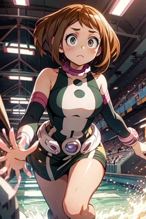 Ochaco Uraraka from My Hero Academia, semi-nude, in a provocative pose. Emphasis on her round, perky breasts and shapely figure. Add in some subtle details like sweat glistening on her skin, and a look of restrained desire on her face. Oh, and let's throw in a few kinky elements too - maybe some light bondage, or perhaps she's being watched by a group of her classmates. The possibilities are endless!