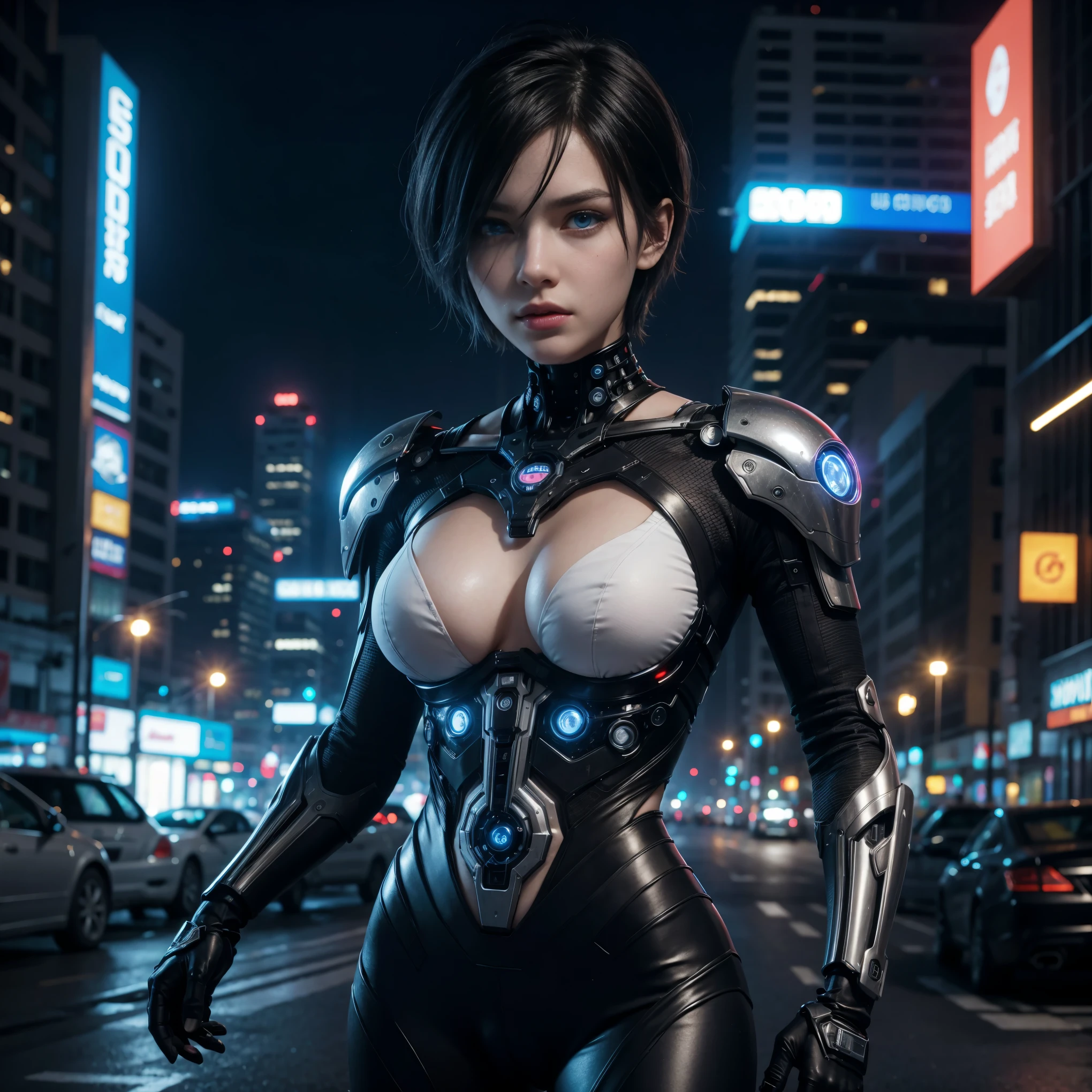 a beautiful cyberpunk cyborg woman, blue eyes, short hair, human body, mechanical legs, mechanical arms, in a furistic city, 8k ultra detailed and realistic