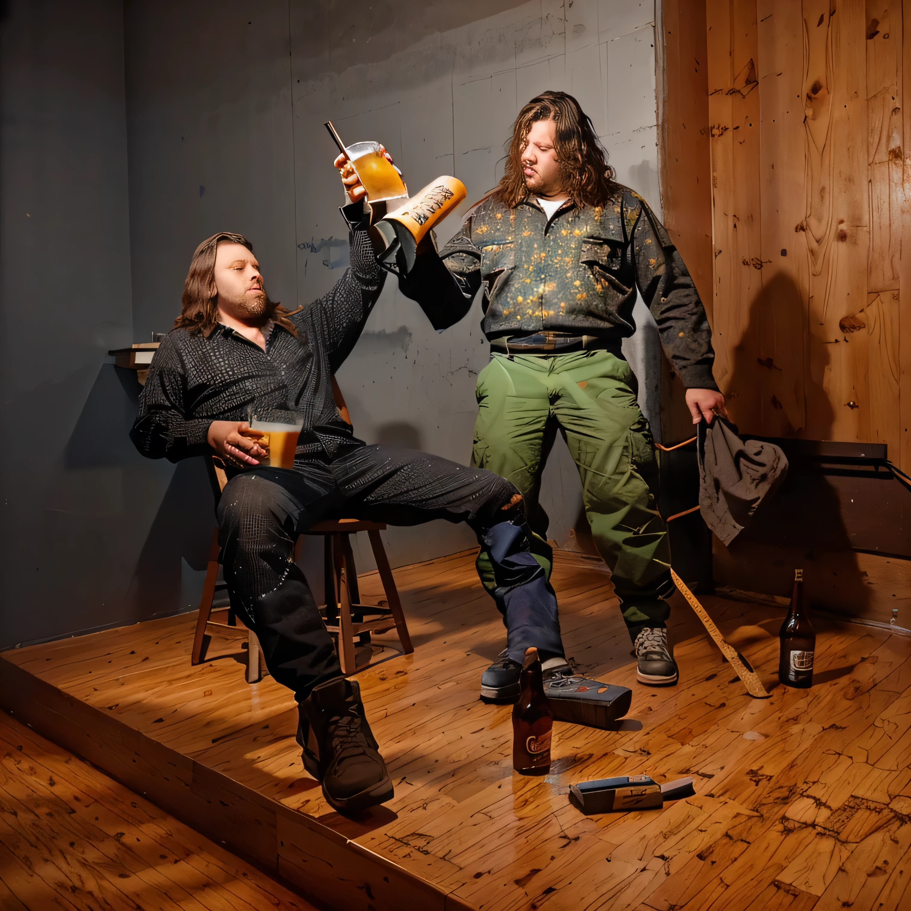 two bar, drinking beer and eating pizza, beer bottle on the floor, bar wall.