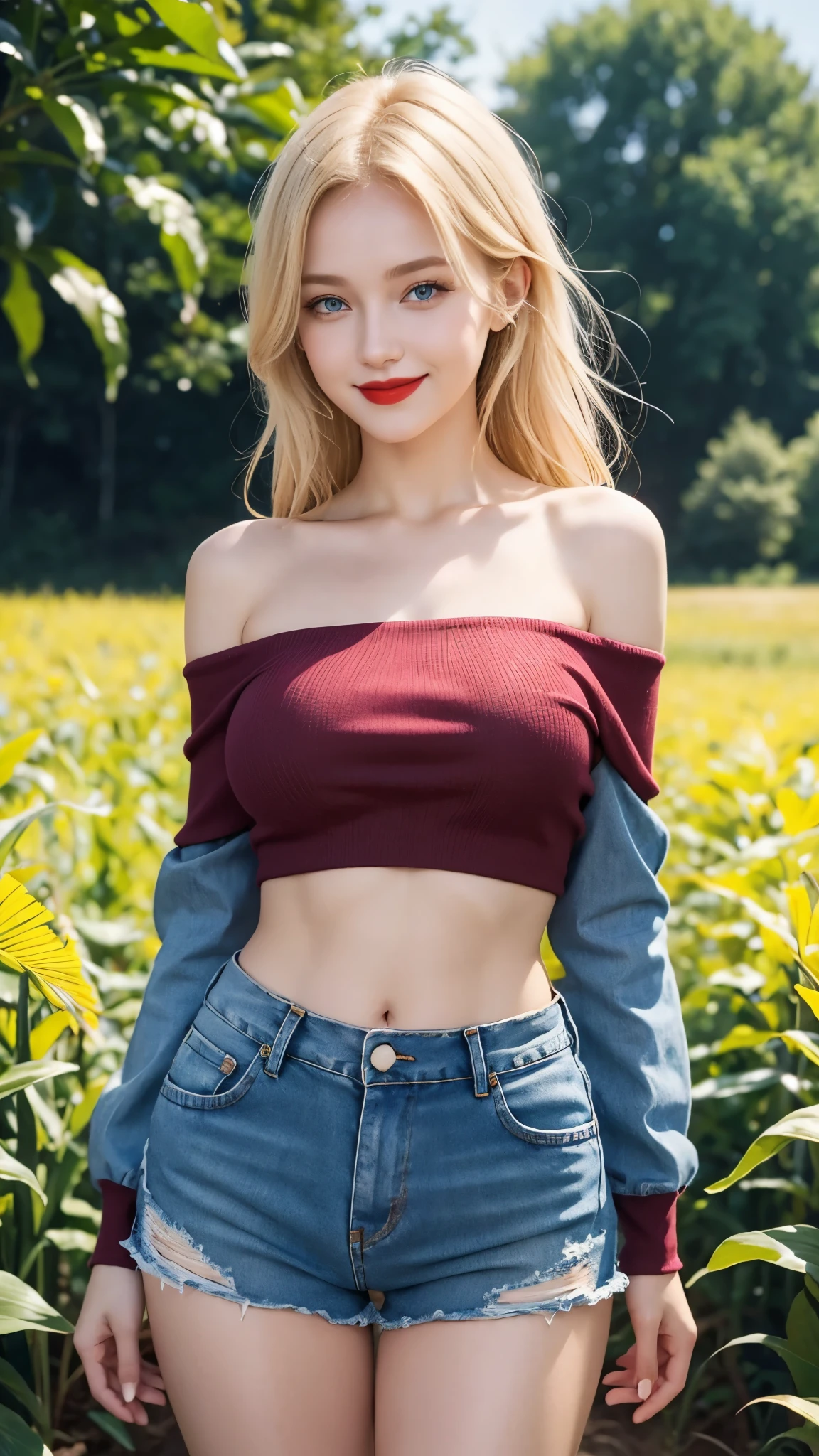 beautiful girl, russian girl, blonde hair, blue eyes, red lips, smiling, big breasts, off shoulder crop top, tight jean shorts, lower belly, cornfield view,