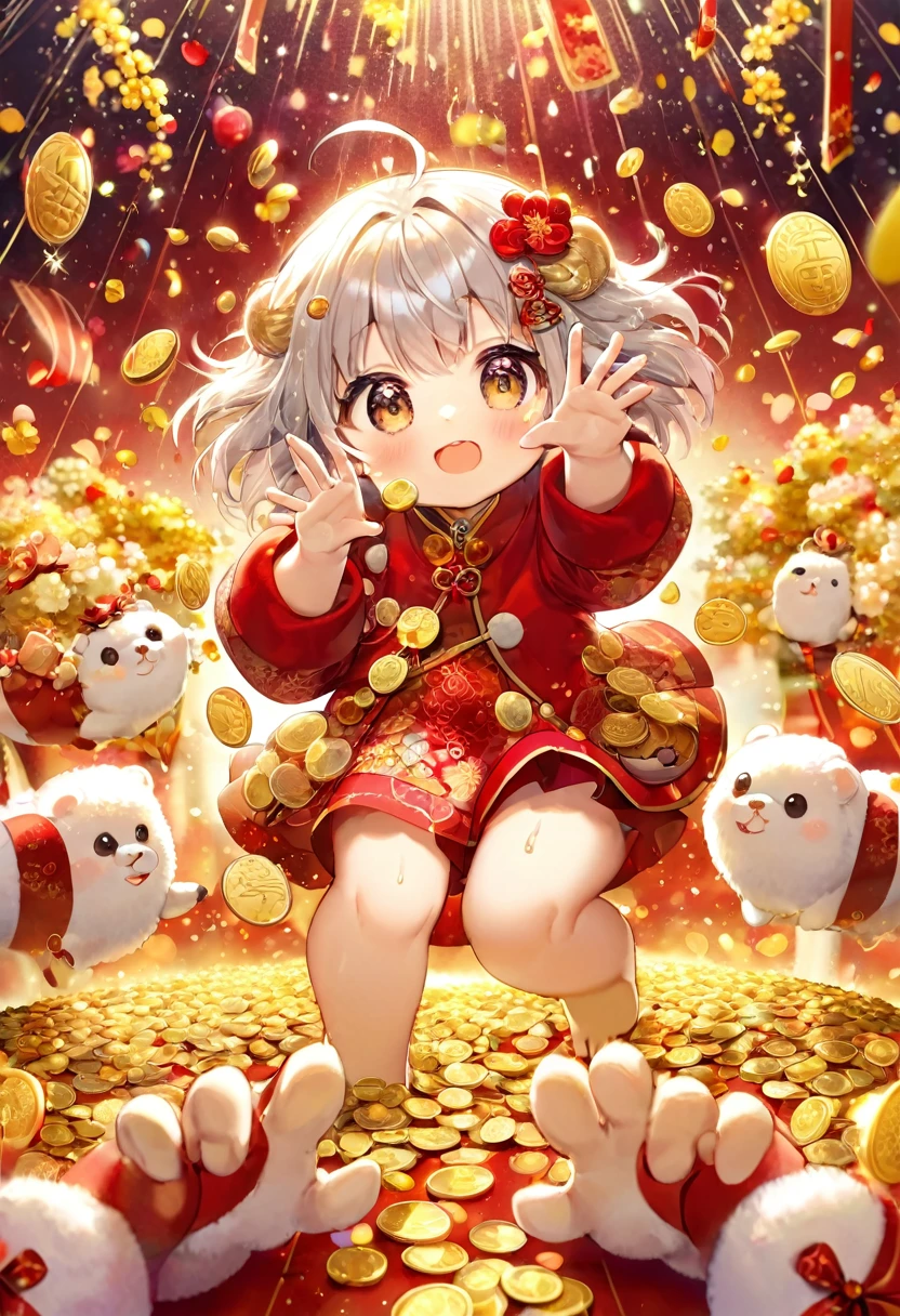 New Year has arrived，Baby Oriental Dragon，spit out lots of gold coins，Big hairy head，Show your hand，It is very nice。Gold coins and golden confetti rain，Red confetti，Strong atmosphere，Stupid cute，Hairy little legs。oh...There are a lot of gold coins in the air。Symmetric。Good luck