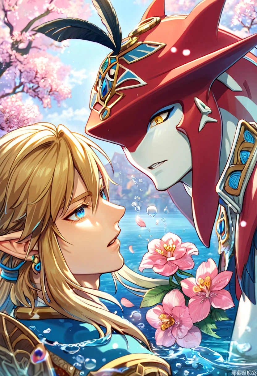 absurdres, highres, ultra detailed, HDR, master piece, best quality, perfect face, delicated features, red Zora, Sidon, expressive yellow eyes, The Legend Of Zelda Breath Of The Wild, Link, expressive blue eyes, blond hair, two sexy men together, gay couple, yaoi, handsome, fantasy clothes, pink blossoms, pink flowers, water, fantasy