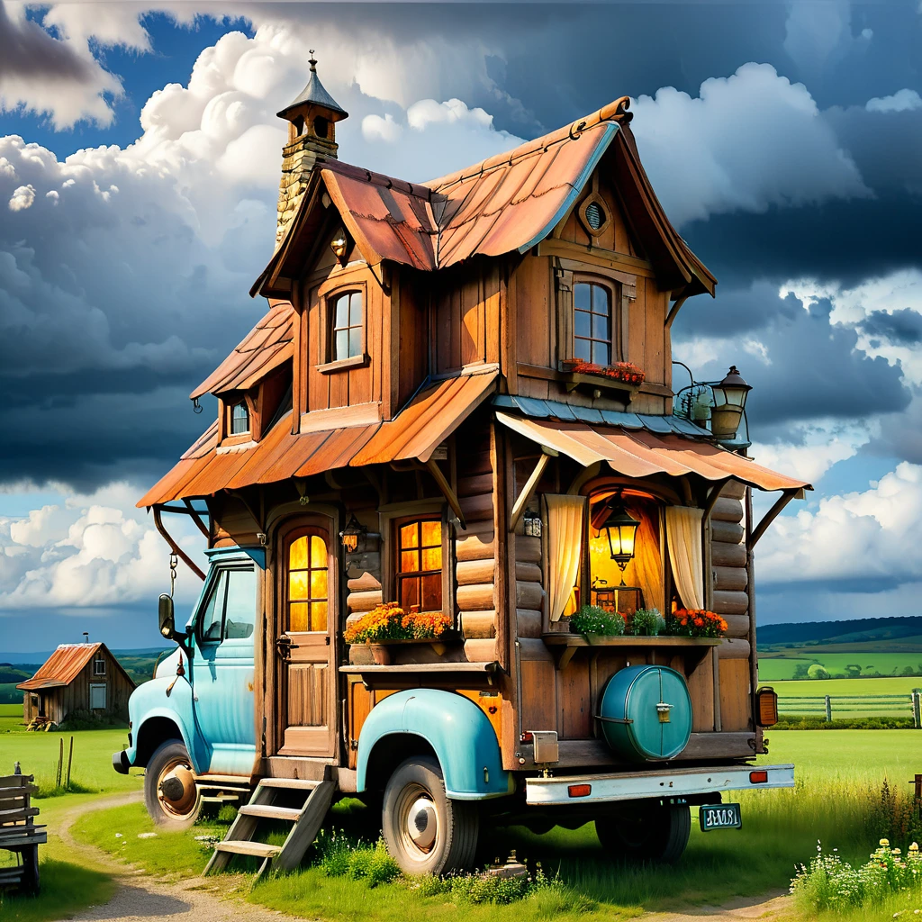 ((Motorhome)) creat an old rusty truck on the back of the truck is a whimsical wooden cottage small house with a small window and with a misplaced second floor with a balcony and a crocked chimney  the roof is all rusty there hang a lantern from the roof with a small light within the background is a landskape with heavy clouds, ((more detail, enhanced_old)). 32k