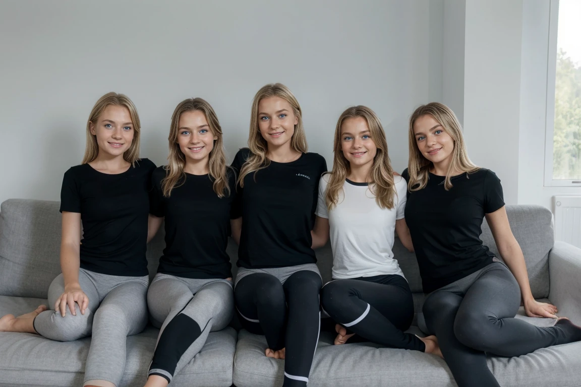A group of five German blonde girls, Blue eyes, Couch, sitting, barefeet, grey yoga pants, black shirt, smile