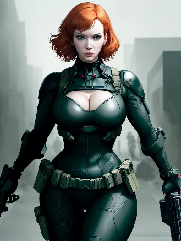 Imagine Christina Hendricks as an Metal Gear Solid character, Christina Hendricks as a video game character, Christina Hendricks in a stealth video game, Metal Gear Solid, created in Yoji Shinkawa's style. High-quality facial research of Christina Hendricks, (Christina's sculpted cheekbones and slight wrinkles around the face), 48 years old, High-quality detailed research of Christina Hendricks voluptuous figure. Skin-tight black leather suit, cleavage, high-tech goggles, metallic utility belt, metal arm bands, fingerless gloves. Glamorous, confident expression, fierce and powerful stance. (Full Body shot), ((aiming at the viewer with a gun)), action pose, dynamic pose. Dramatic lighting,high contrast,highly saturated colors,shadows and highlights, 8k wallpaper,
