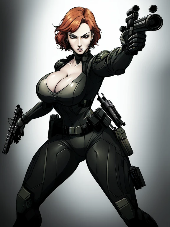 Imagine Christina Hendricks as an Metal Gear Solid character, Christina Hendricks as a video game character, Christina Hendricks in a stealth video game, Metal Gear Solid, created in Yoji Shinkawa's style. High-quality facial research of Christina Hendricks, (Christina's sculpted cheekbones and slight wrinkles around the face), 48 years old, High-quality detailed research of Christina Hendricks voluptuous figure. Skin-tight black leather suit, cleavage, high-tech goggles, metallic utility belt, metal arm bands, fingerless gloves. Glamorous, confident expression, fierce and powerful stance. (Full Body shot), ((aiming at the viewer with a gun)), action pose, dynamic pose. Dramatic lighting,high contrast,highly saturated colors,shadows and highlights, 8k wallpaper,