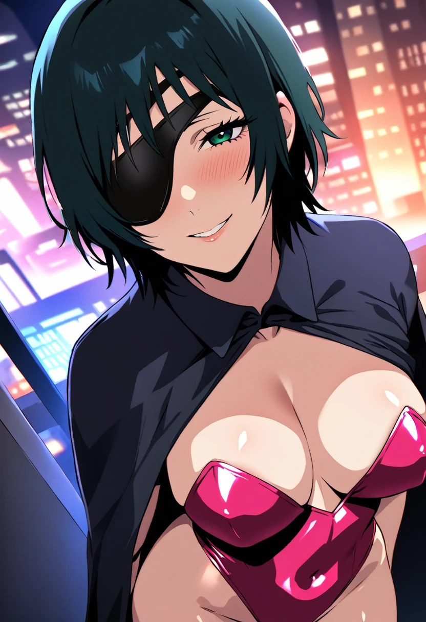 mature female, mature, Adult, himeno, himeno(Chainsaw Man), 1girl, black hair, short hair, eyepatch, Himeno(Chainsaw Man), solo, seductive smile, grin, nsfw, Villains, chest, View your audience, Night town, City, skyscraper, Night, Dark, latex pink leotard under the black cape, dramatic angle, unique perspective, unique angle, masterpiece, Top animation quality，Top image quality,