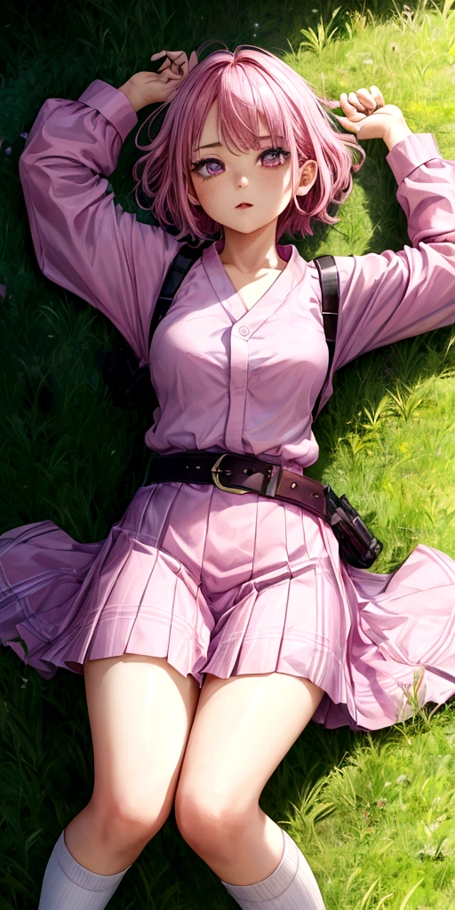1 girl, lying down, perspective front, hyper realistic, boredom face, pink magenta hair, short hair, pink magenta eyes, look at the viewer, white shirt, blue sleeves, showing arms, blue collar, purple Belt, blue skirt, white socks, green shoes, on grass, young, holding a pistol, epic, 8k, hyper realistic 