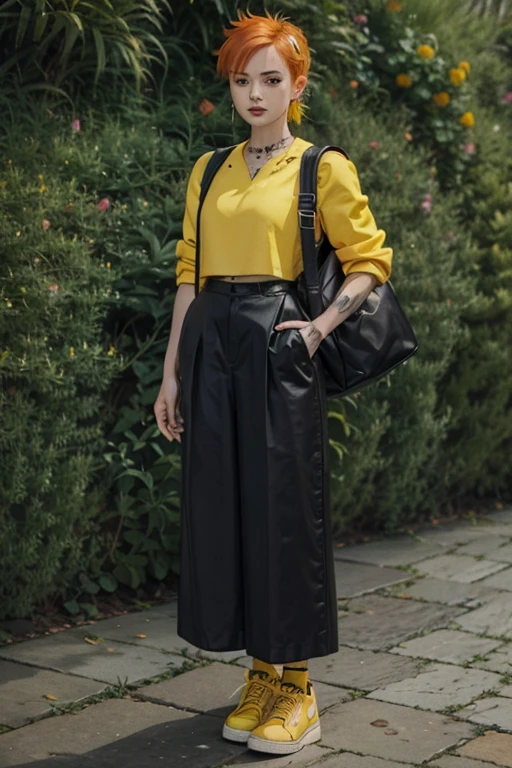 Kizi , tied orange hair, cropped verde com decote, rose tattoo on lap, Wide black pants, yellow cold blouse, black shoe, , with a yellow backpack medieval style rpg sharp face, pretty , piercings