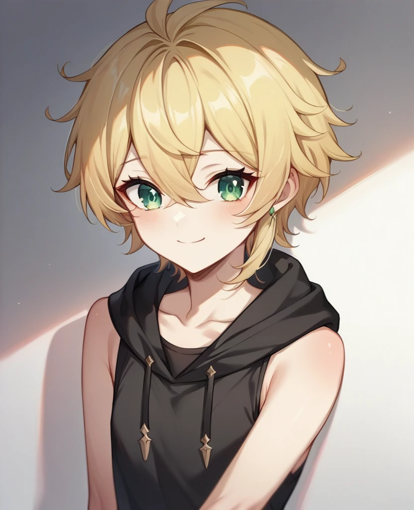 （One girl）、((short hair))、((Blonde))、（Sato Air）、((boyish))、Crossdresser、cute、((flat chest))、green eyes、Genshin Impact、Black hoodie、Black sleeveless、((hairs between eyes))、light smile