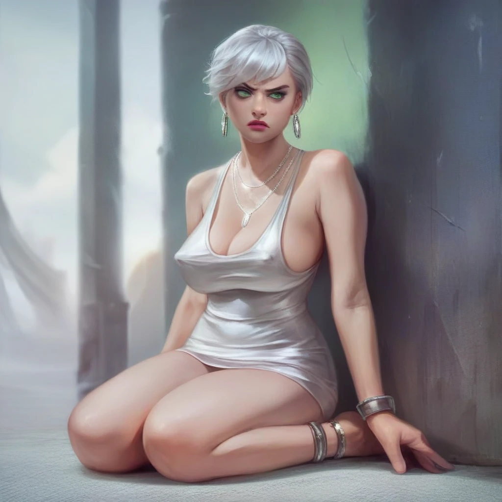 urushisato, vivid colors, silver earrings with emeralds, deep green eyes, bright eyes, a slutty woman, outdoors, realistic skin texture, serious, angry, post-processing, masterpiece, ultra-detailed, realistic, hyperrealism, Sharp focus, insane details, intricate details, full sharp, detailed face, realistic eyes, fantasy office background, makeup, light tan skin, big nipple outline, nice breasts, full body view, silver necklace, eyeliner, eyeshadow, silver jewelry,bangles, anklet. chestnut hair silky hair ,blunt hair,bangs, makeup, eyeliner, soft red glossy lipstick ,legs,full body view, deep cleavage , sorcery dress, colorsSlingshot Swimsuit