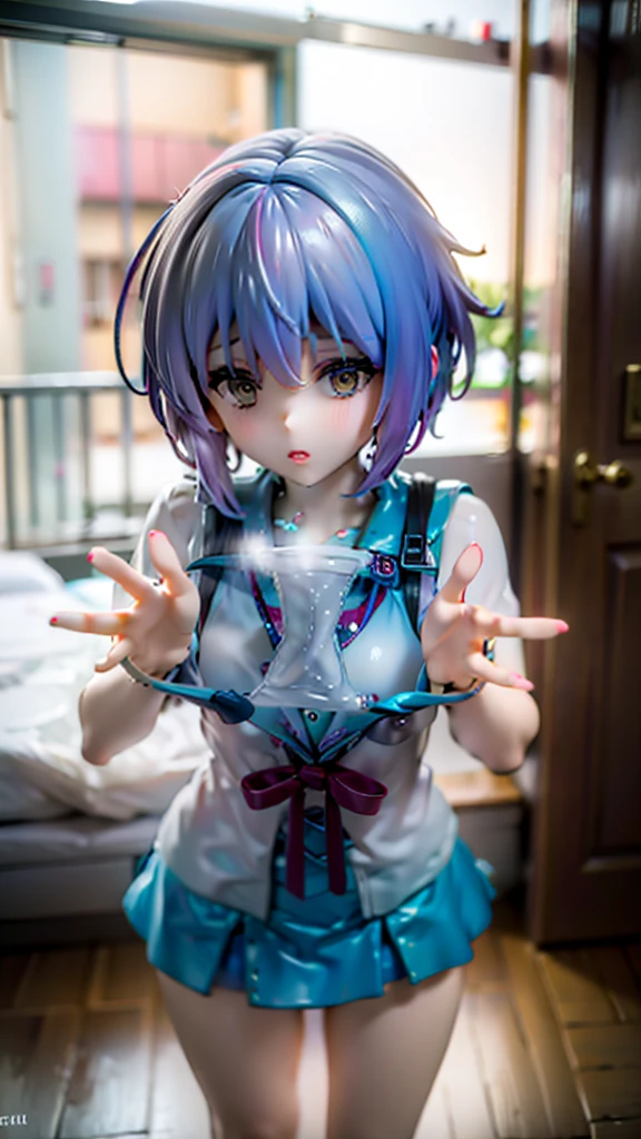 (masterpiece,detailed,High resolution:1.4) , Model shoot, close, detailed face, fine detailed eyes,, (kirishima touka),Blue middle hair,ghoul eyes,Retro Jacket,Tokyo Ghoul,Retrofuturism background, Vibrant colors, High resolution,, ,