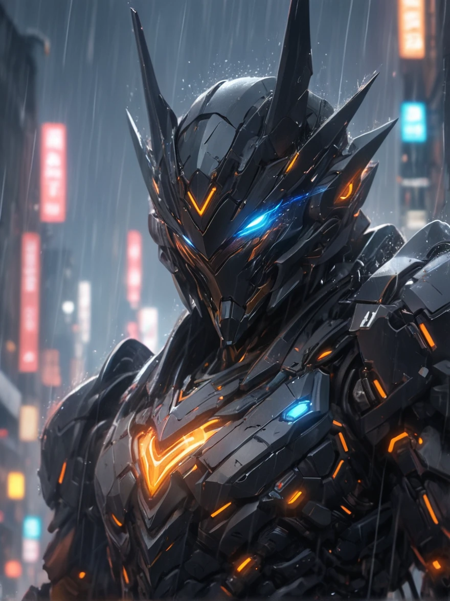 Game Illustration,League of Legends Splash Art,A black mech stands on a rainy city street,he has heavy armour,particle flow only,skirt armour,glowing eyes,no humans,cyberpunk,science fiction,dynamic poses,nijimecha,portrait,Intricate details,