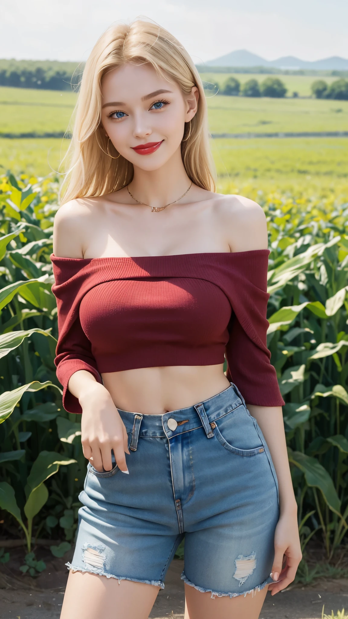beautiful girl, russian girl, blonde hair, blue eyes, red lips, smiling, big breasts, off shoulder crop top, tight jean shorts, lower belly, cornfield view,