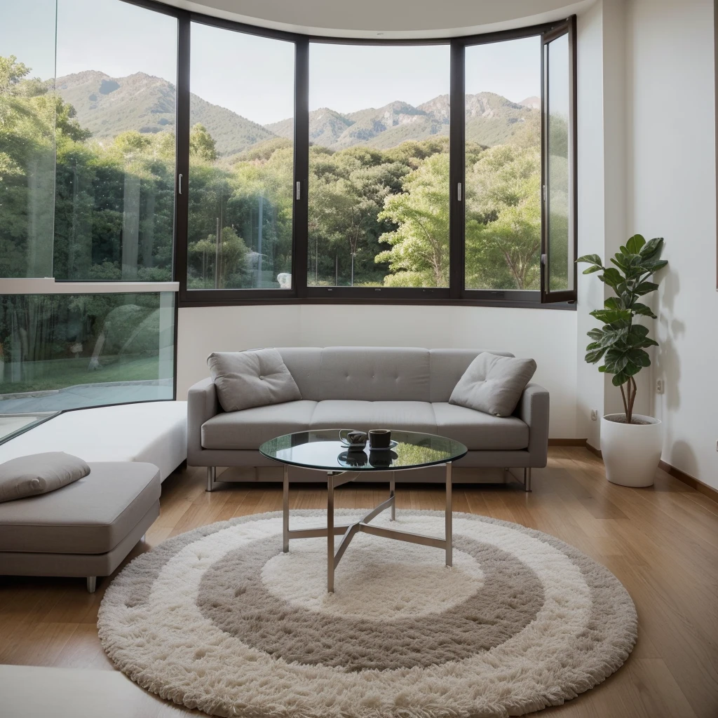 living room, ultra-modern design, minimalism, in black and white gray colors, maximally detailed, Highest resolution, exemplary masterpiece. Design technology - built-in furniture, no free-standing cabinet furniture, all cabinets are walls. In the center of the room is an ultra-modern soft complex made of environmental materials consisting of a three-seater sofa , two-seater sofa, pairs of chairs, everything in the same style and design, stand in a semicircle, in the center of which there is a glass table with a modern coffee service. Freshly brewed coffee poured into cups. Against the soft composite wall-TV, where there is a program about living wildlife. The room has two windows with low wide window sills, on which lie soft mattresses, window sills are used as additional places for sitting and relaxing. At the end of the evening, beautiful sunset. Mountains and forest in the distance, there is a river in front of them.