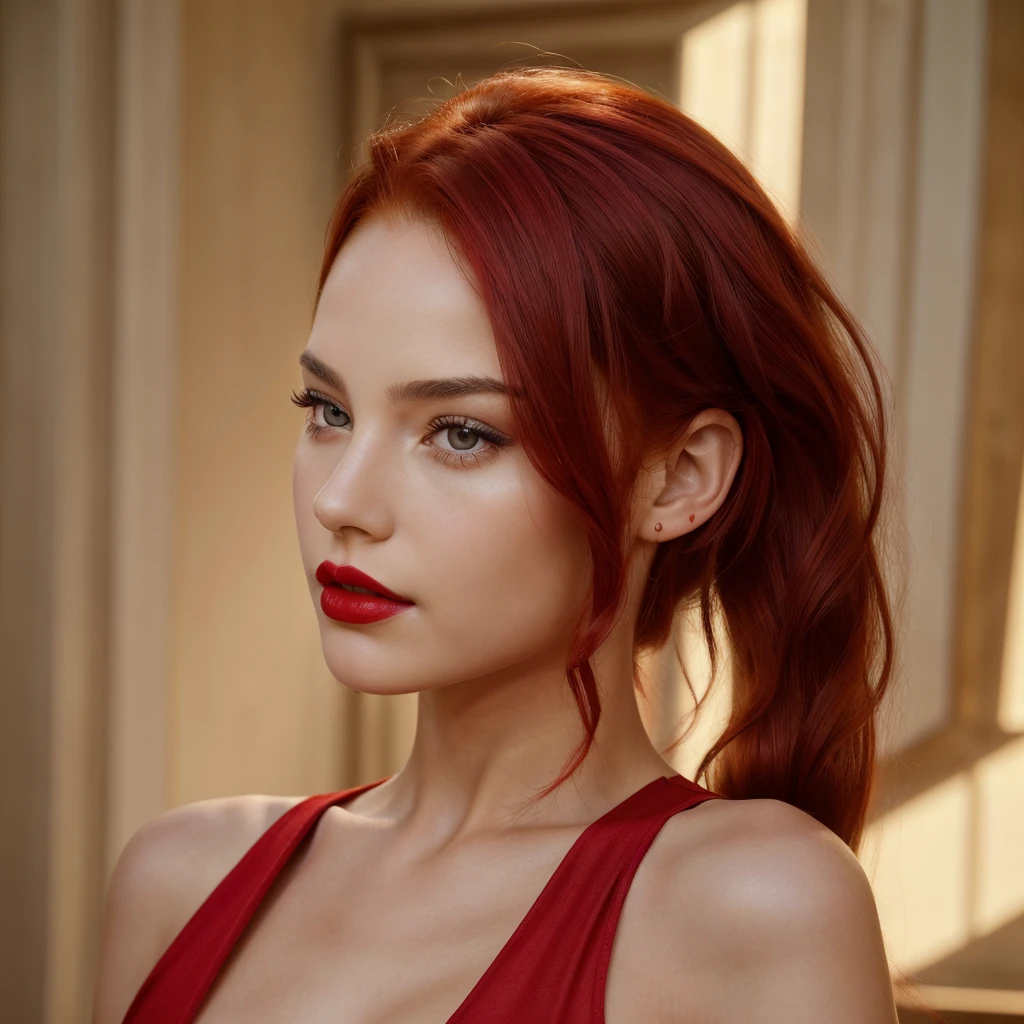 (((Red_dress, teens girl,Red lips,face markings,New Moon,lipsticks,forehead mark,looking at viewert,Young and beautiful,Perfect facial features,The facial features are tall and beautiful,with fair skin,red hair,hair adornments, long whitr hair, Redness of the eyes, 耳Nipple Ring, ))),((Masterpiece)),A high resolution, ((Best quality)),tmasterpiece,top-quality,best qualityer,((( Exquisite facial features,looking at viewert, There is light in the eyes)))
