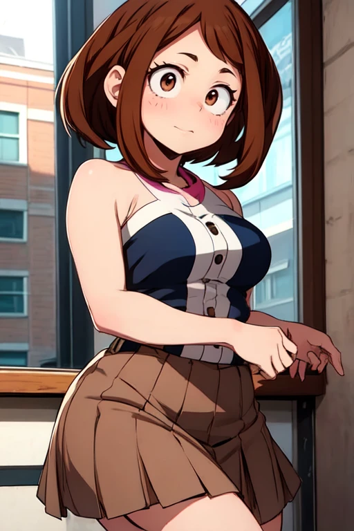 Ochaco uraraka,\(my hero academia\),my hero academia,picture perfect,eyes perfect opOchaco uraraka,\(my hero academia\),my hero academia,perfect picture,perfect eyes,Brown eyes, short brown hair, wearing strapless dress, with straight pencil skirt, very sensual