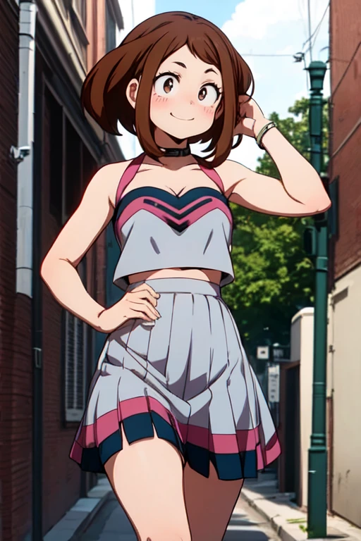 Ochaco uraraka,\(my hero academia\),my hero academia,picture perfect,eyes perfect opOchaco uraraka,\(my hero academia\),my hero academia,perfect picture,perfect eyes,Brown eyes, short brown hair, wearing strapless dress, with straight pencil skirt, very sensual