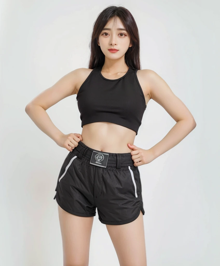 Women wearing black bra and black mauy thai short, full body, plan white background