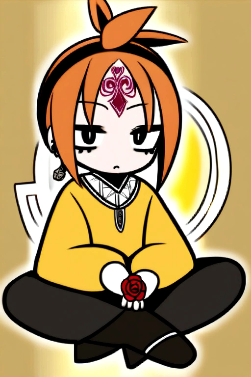 Kizi , tied orange hair, cropped verde com decote, rose tattoo on lap, Wide black pants, yellow cold blouse, black shoe, , with a yellow backpack medieval style rpg sharp face, pretty , piercings