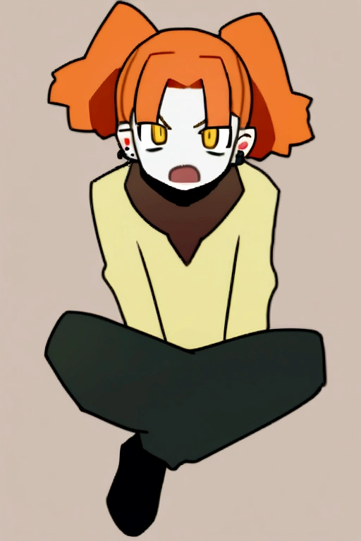 Kizi , tied orange hair, cropped verde com decote, rose tattoo on lap, Wide black pants, yellow cold blouse, black shoe, , with a yellow backpack medieval style rpg sharp face, pretty , piercings