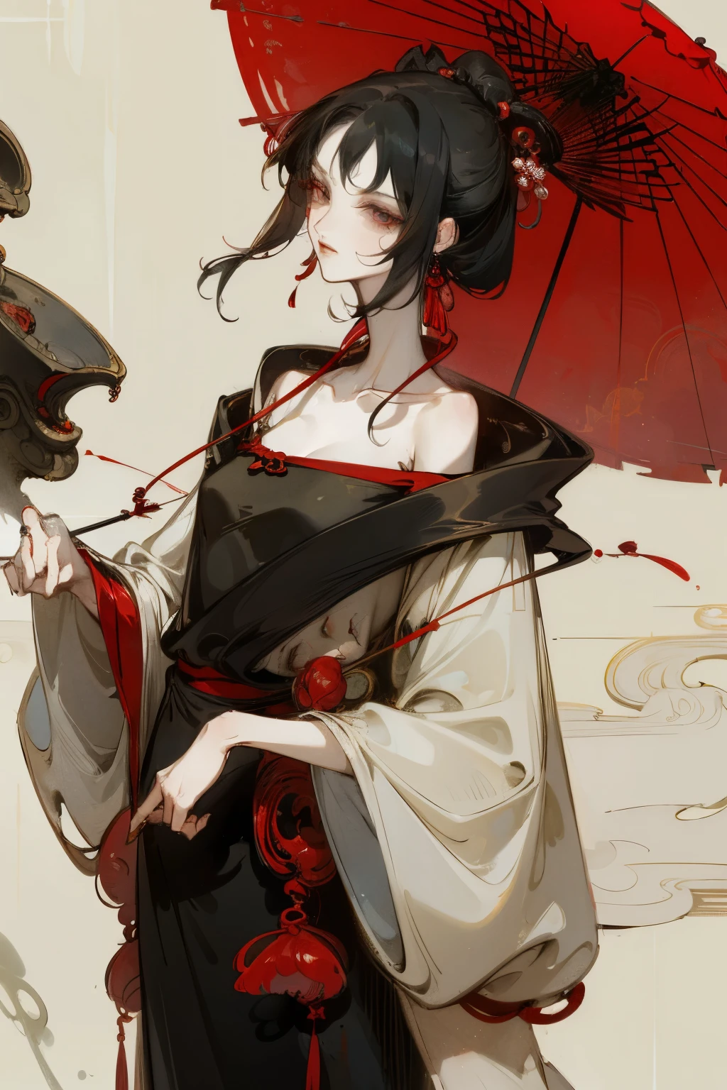best quality, materpiece, detailed eyes, woman, ancient china, asian, prominent collarbones, black hair, red iris, wearing a hanfu, temple background, dreamy, mysterious, gloomy, dark, very skinny body