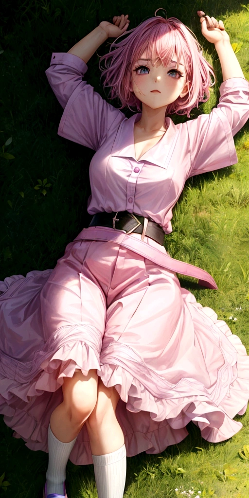 1 girl, lying down, perspective front, hyper realistic, boredom face, pink magenta hair, short hair, pink magenta eyes, look at the viewer, white shirt, blue sleeves, showing arms, blue collar, purple Belt, blue skirt, white socks, green shoes, on grass, young, holding a pistol, epic, 8k, hyper realistic, shirt bottom 