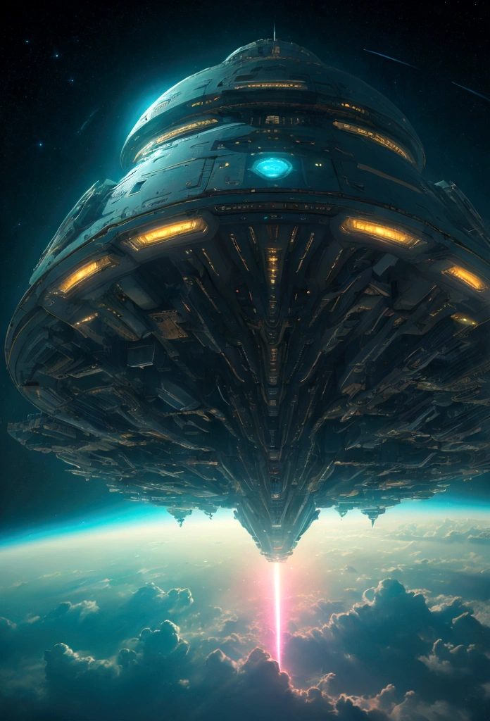 (Space art),(High Angle View:1.2), In space, Large , Space underneath the spaceship,Cyberpunk, Dreamy light, Glowing neon lights,
