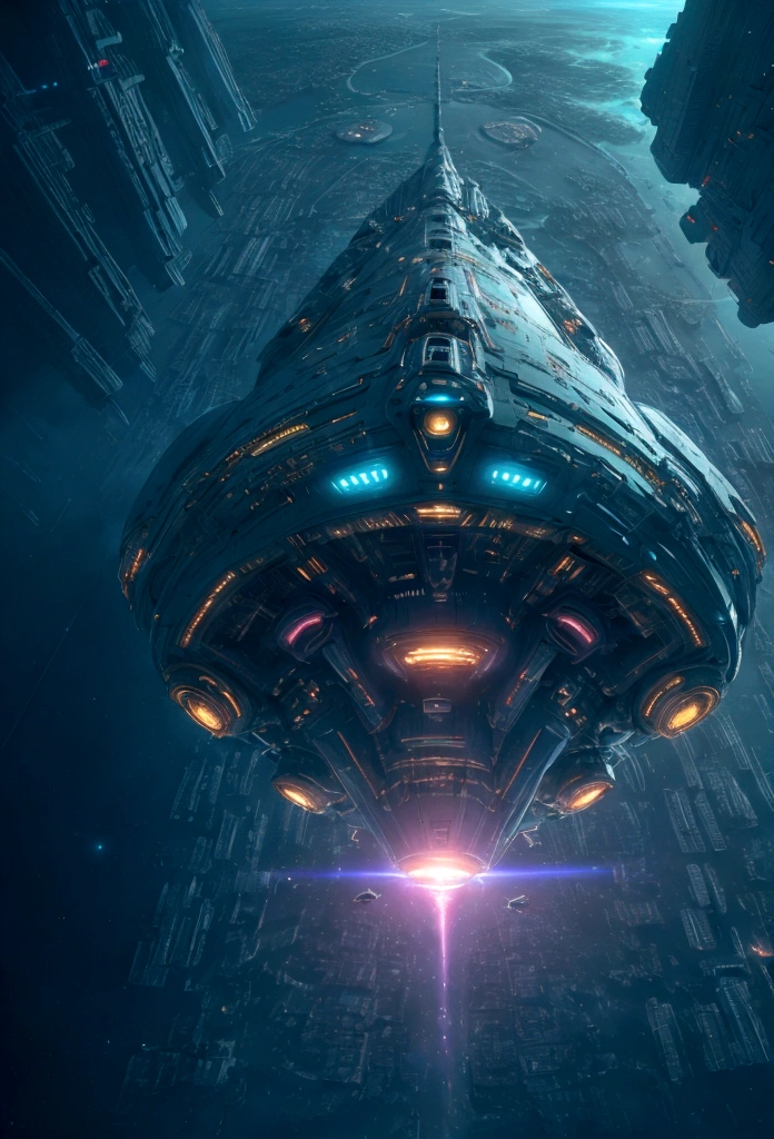 (Space art),(High Angle View:1.2), In space, Large , Space underneath the spaceship,Cyberpunk, Dreamy light, Glowing neon lights,