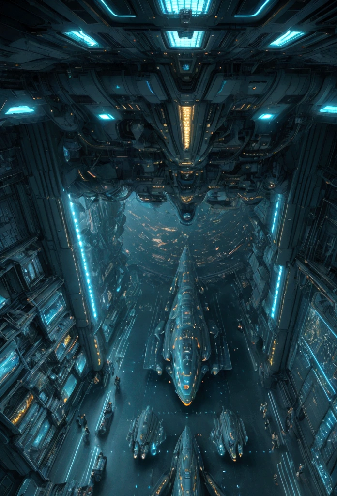 (Space art),(High Angle View:1.2), In space, Large , Space underneath the spaceship,Cyberpunk, Dreamy light, Glowing neon lights,