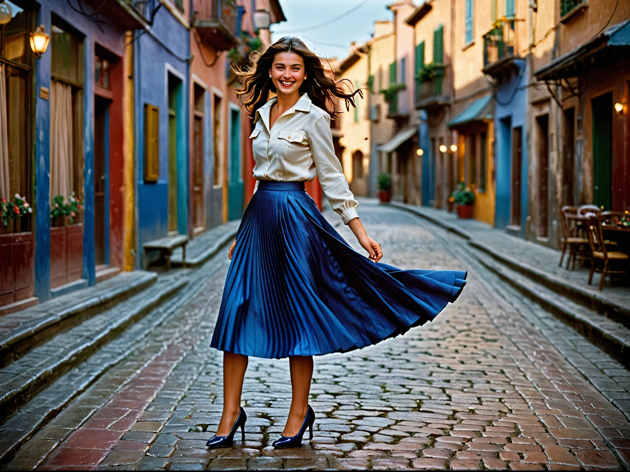 A smiling, authentic, (shy:1,3), kind, beautiful woman, is passionately in love with her skirt, wind wildly lifts her skirt, wearing uniform jacket and very, very detailed (long (fully pleated) full circle skirt) and (low heeled court shoes), very, very intricate hyper-detailed symmetric (attractive graceful young feminine face) with (sad, tired eyes and a loving smile), very voluptuous breasts, full of empathy and compassion and love, (pronounced (feminine) features), (highly detailed ultra accurate realistic) hands and fingers, (windy), epic composition, highly detailed attributes, (35mm f1.4 Kodak portra 400 photograph), extremely high quality RAW photograph, highly detailed atmosphere, sci-fi, cinematic shot, dynamic lighting, 75mm, Technicolor, Panavision, cinemascope, sharp focus, fine details, 8k, HDR, realism, realistic, key visual, film still, superb cinematic color grading, depth of field